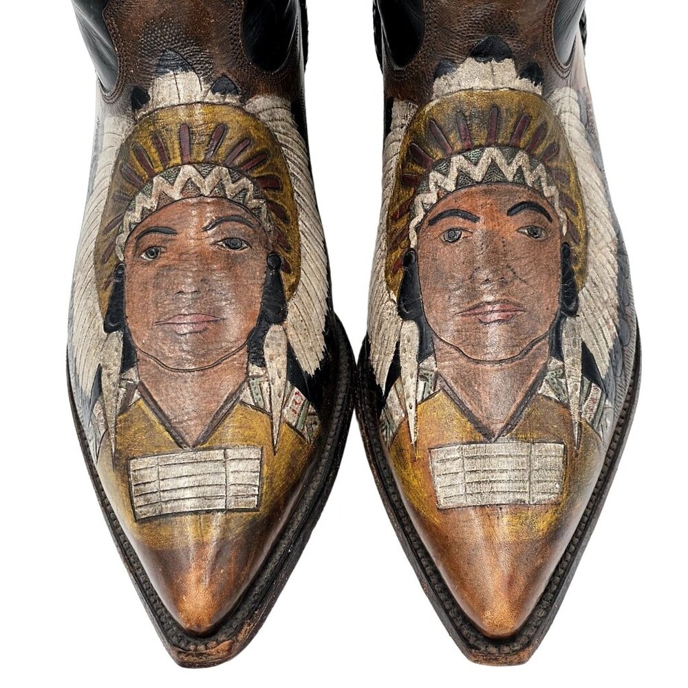 Custom 9D Hand Tooled/ Painted Native American Chief boots Vintage 1995 Western - Picture 2 of 16